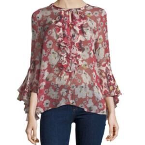 Kobi Halperin Womens Floral Red Agatha Top Blouse Ruffles Bell Sleeve